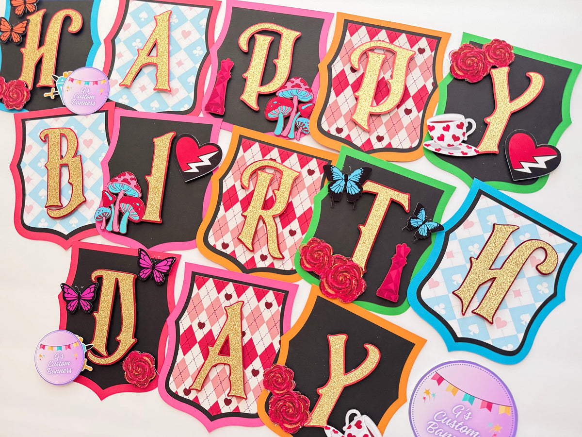 Villains Wonderland Theme Happy Birthday Banner