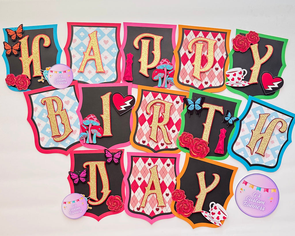 Villains Wonderland Theme Happy Birthday Banner